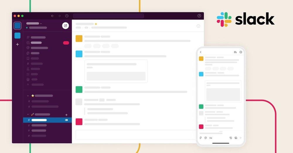 Slack messaging interface on a desktop and mobile phone.